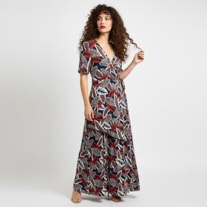 ETWO Red & Turquoise Tropical Leaf Rayon Maxi Dress - Size L